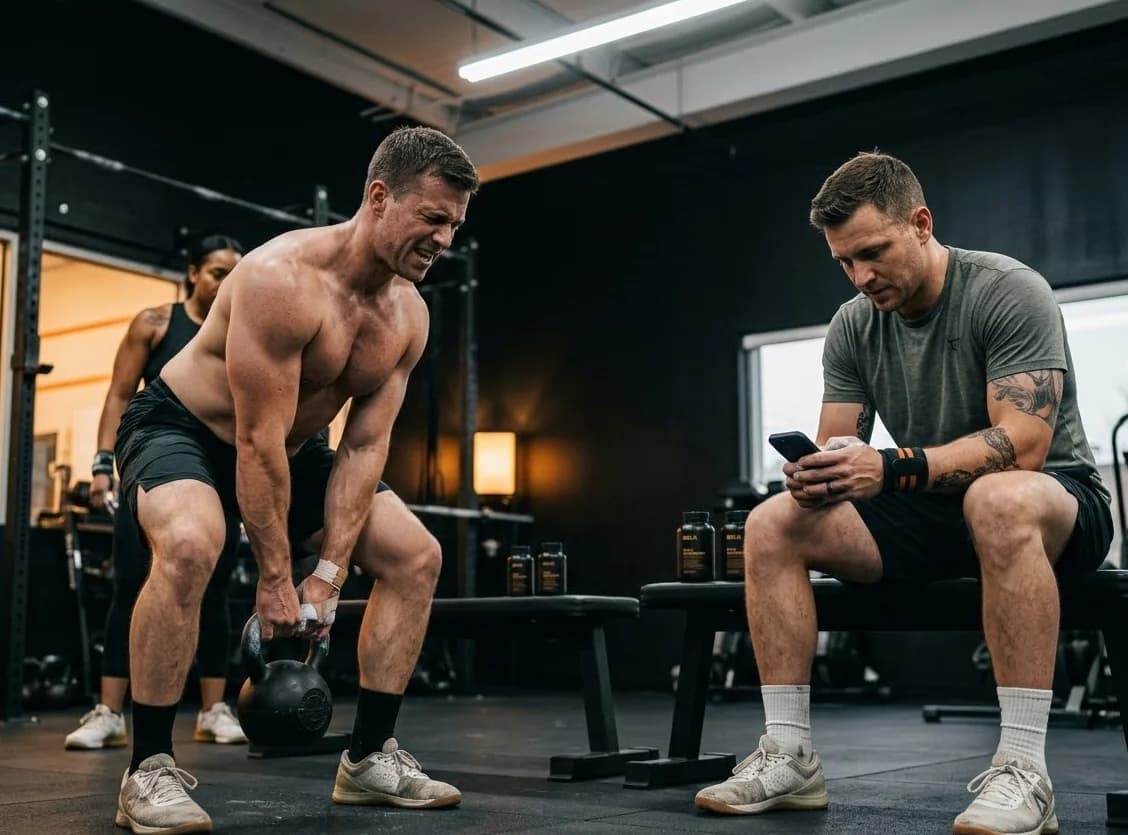Service members training in a gym with BSLN products visible