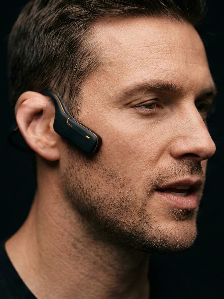 Person wearing a bone conduction headset for vocal biomarker analysis